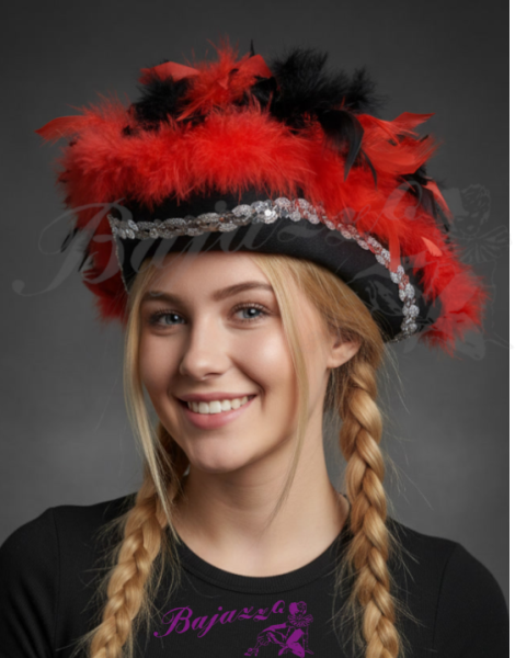 Schwarzer Dreispitz mit roten Federn – Größe 57